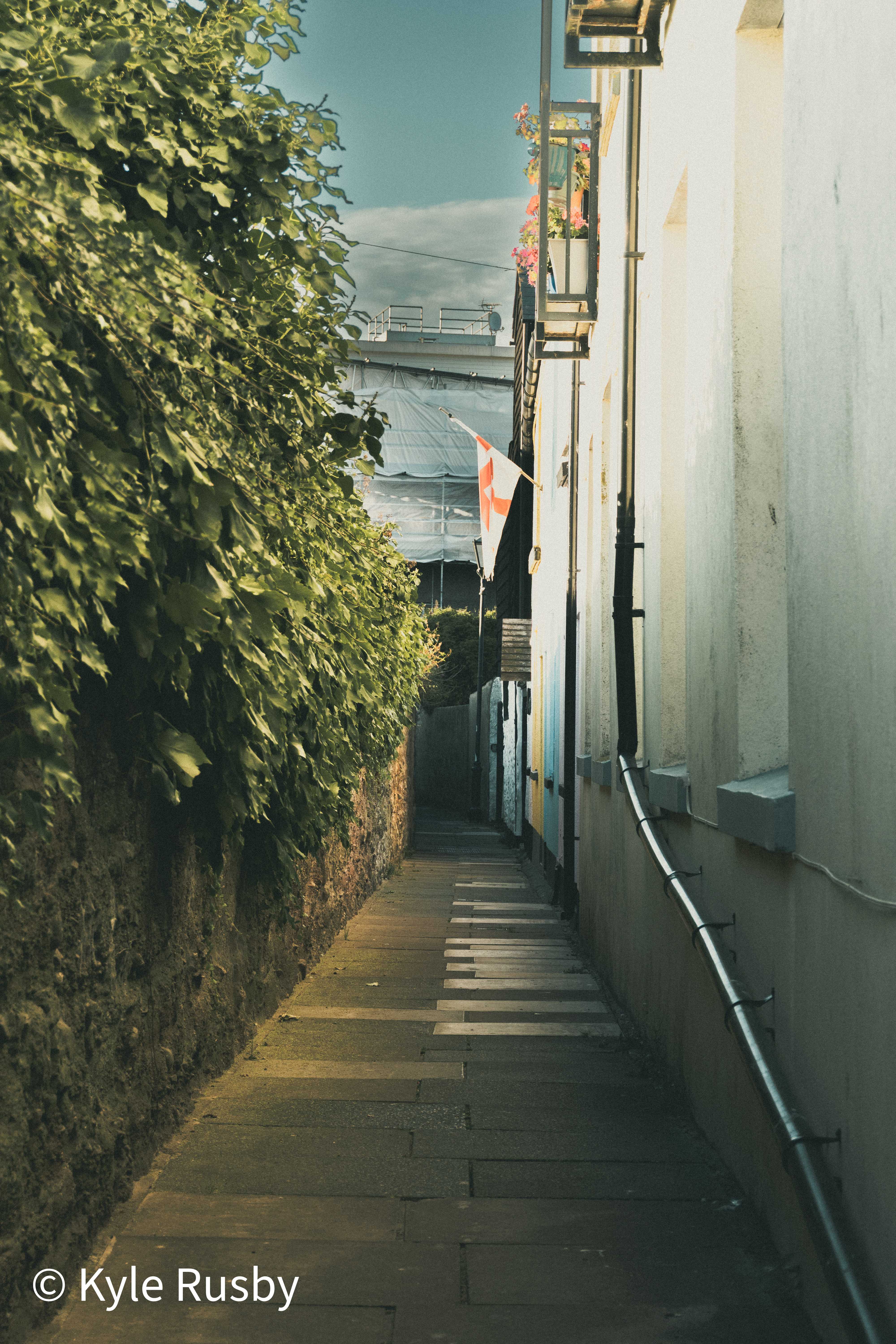 A narrow flagstone alley in golden evening light between a high hedge and white cottages, a St George flag hanging overhead