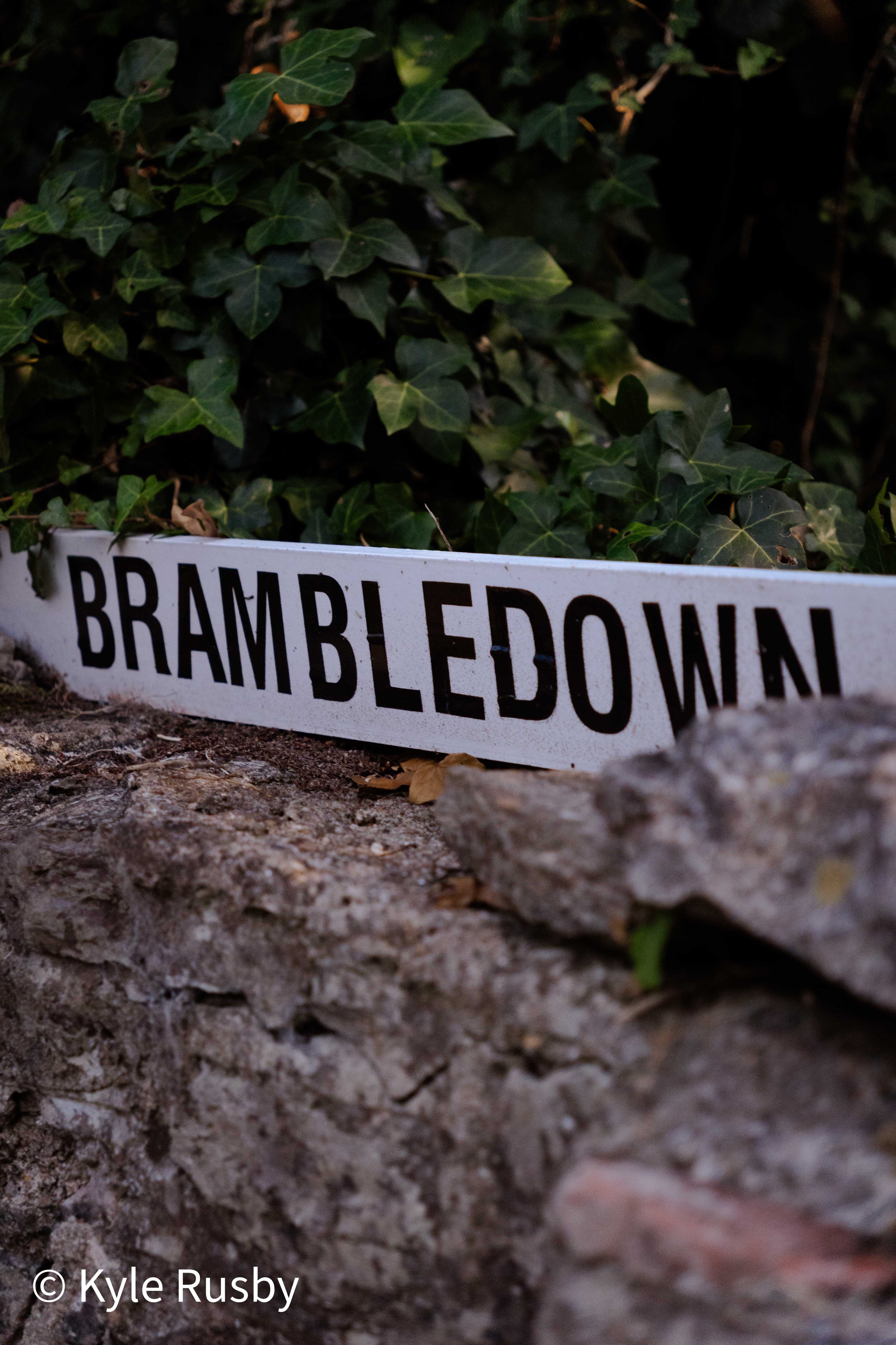 A white wooden sign lettered BRAMBLEDOWN lies along the top of a stone wall beneath a bank of ivy in evening shade